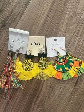 Set of 3 Statement Tassel Earrings Pineapple Rhinestone and Boho Fringe
